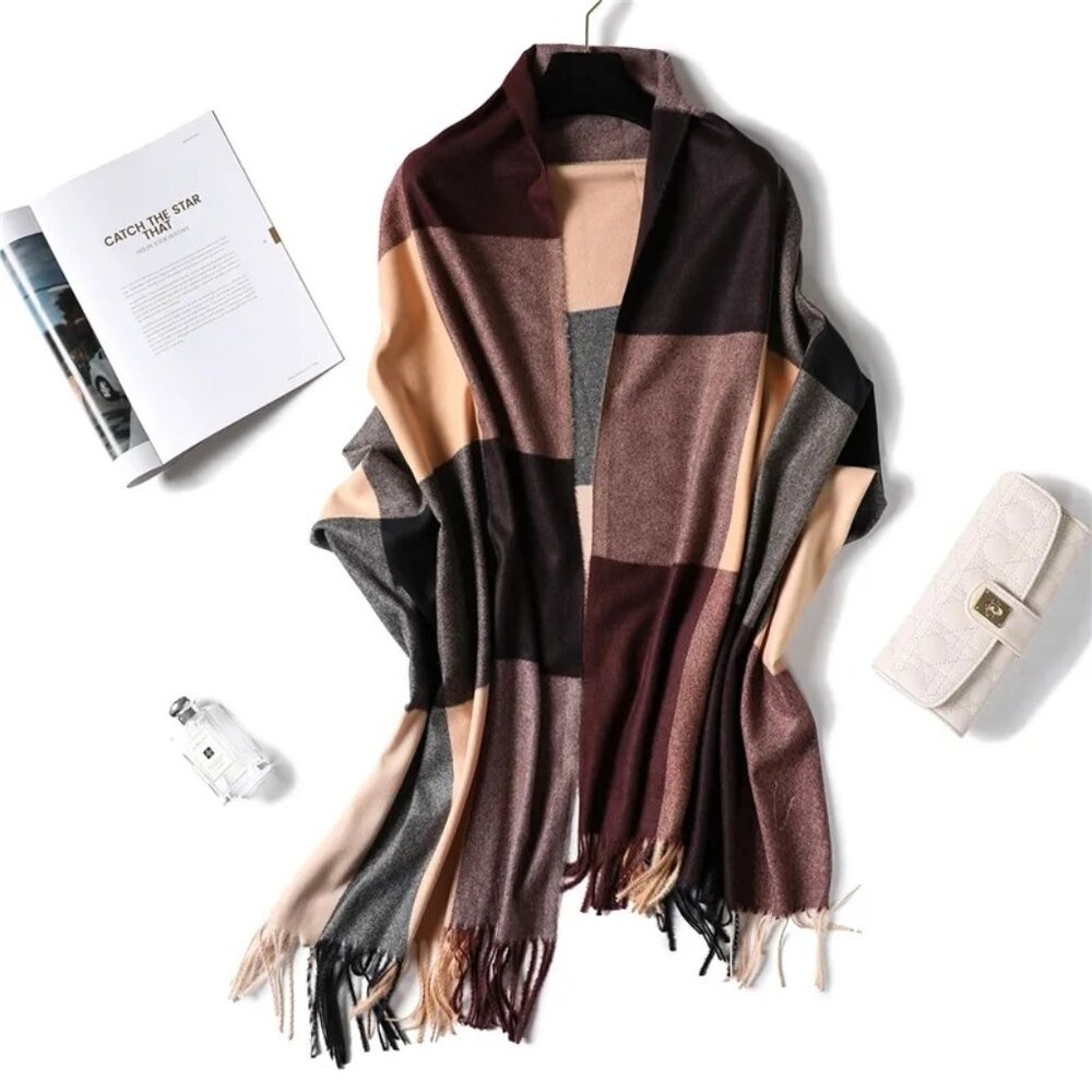 2/$30 Large Plaid Shawl Scarf With Tassels Soft & Warm Design For Women
